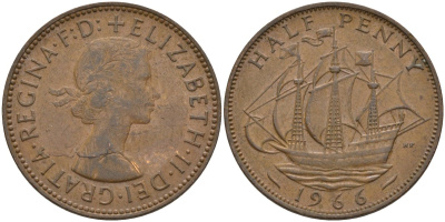 Великобритания 1/2 пенни 1966 Елизавета II (1952-2022) KM 896, Spink 4158 бронза 4146-315