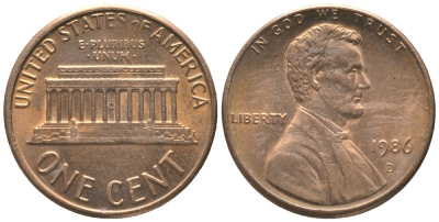 США 1 ЦЕНТ 1986 D, ЛИНКОЛЬН KM 201b цинк плакированный медью 100-1055