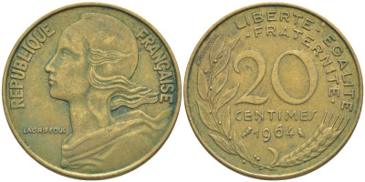 ФРАНЦИЯ 20 САНТИМОВ 1964 ТИП MARIANNE KM 930, LE FRANC 156.4 алюминиевая бронза 175-825