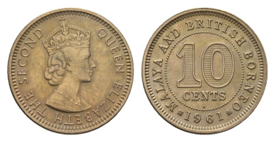 Малайя и Британское Борнео 10 центов 1961 Елизавета II (1952-2022), британские колония KM 2 медно-никель 4679-668