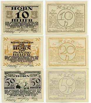 Австрия, Хорн набор из 3 банкнот 10, 20, 50 геллеров 1920 4 июня 1920, нотгельд, земля Нижняя Австрия   бумага  UNC (пресс) 7555-24-1-2