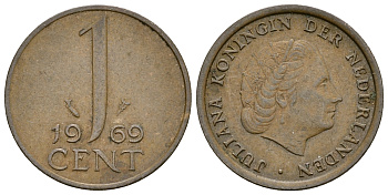 НИДЕРЛАНДЫ 1 ЦЕНТ 1969 ЮЛИАНА KM 180 бронза 61-1255