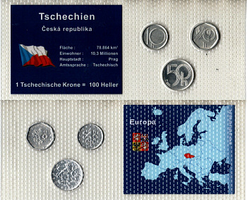Чехия набор из 3 монет (10, 20 и 50 геллеров) 1994, 1995 и 2006 в красочной упаковке с информацией о стране KM 2.1, 3.1 и 6 алюминий UNC 2-6-3-76