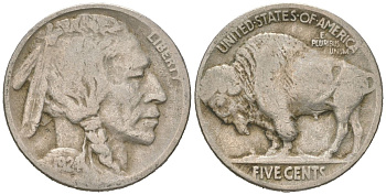 США 5 центов 1924 индеец, бизон KM 134 медно-никель 4614-1056