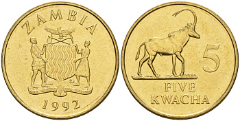 Замбия 5 квач 1992 KM 31 латунь UNC 00-00