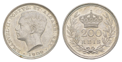 Португалия 200 реалов (рейсов) 1909 Мануэл II (1908-1910), год-тип KM 549 серебро 3896-1142