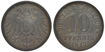 Германия 10 пфеннигов 1917 KM 26, J. 299, Weege 8 цинк 4119-321