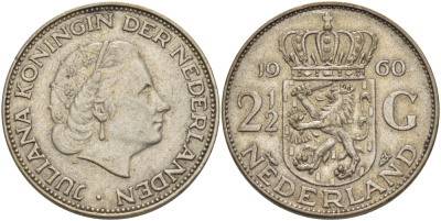 Нидерланды 2 1/2 гульдена 1960 Юлиана (1948-1980) KM 185 серебро 82-1212