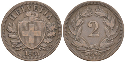 Швейцария 2 раппена 1851 А KM 4.1 бронза 4390-817