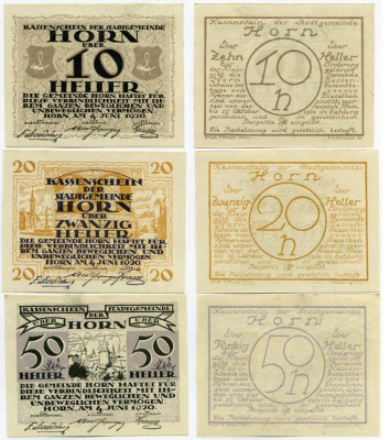 Австрия, Хорн набор из 3 банкнот 10, 20, 50 геллеров 1920 4 июня 1920, нотгельд, земля Нижняя Австрия   бумага  UNC (пресс) 7555-24-1-2