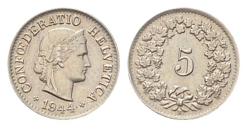 Швейцария 5 раппенов 1944 B KM 26 медно-никель 4705-1237