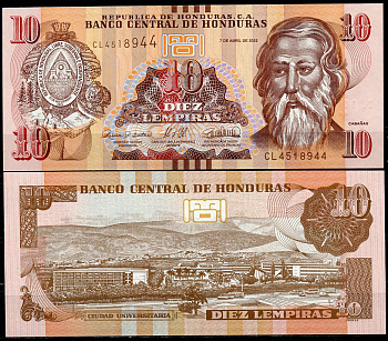 Гондурас 10 лемпира 2022 Хосе Тринидад Кабаньяс, университет Тегусигальпа Pick 99 e  бумага  UNC (пресс) 447-42-2