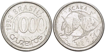 Бразилия 1000 крузейро 1993 реформа 1990-1993, рыбка Акара KM 626 нержавеющая сталь 26-945