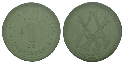 Чили, рудник Рудник Ла-Игера шахтерский жетон с Медного рудника для покупки в местных магазинах, номиналом в 1 песо конец XIX века диаметр 40 мм, вес 4,9 гр не описан в Espinosa эбонит (зеленый) 1066-1-61