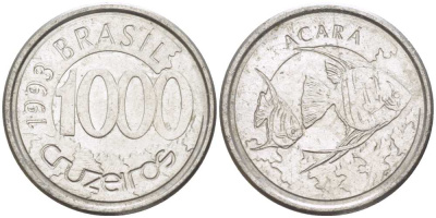 Бразилия 1000 крузейро 1993 реформа 1990-1993, рыбка Акара KM 626 нержавеющая сталь 26-945