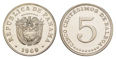 Панама 5 сентесимо 1969 тираж 14.000 экземпляров KM 23.2 медно-никель PROOF 1524-724
