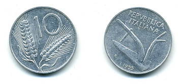 ИТАЛИЯ 10 ЛИР 1955 R, КОЛОСЬЯ, ПЛУГ KM 93 алюминий 25-924