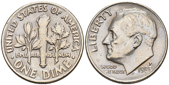 США 10 ЦЕНТОВ = 1 ДАЙМ 1983 P, РУЗВЕЛЬТ KM 195a медь плакированная медно-никелем 188-434