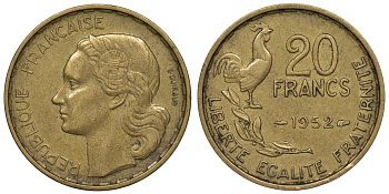Франция 20 франков 1952 петух, 4 пера KM 917.1, Le Franc 402.9 алюминиевая бронза 4128-536