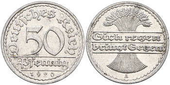 Германия 50 пфеннигов 1920 A KM 27, J.301, Weege 10 алюминий aUNC 4584-726