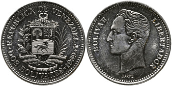 ВЕНЕСУЭЛА 2 БОЛИВАРА 1989 СИМОН БОЛИВАР, МАЛЕНЬКИЕ БУКВЫ В ЛЕГЕНДЕ KM 43а.1 никелированная сталь BUNC 4529-937