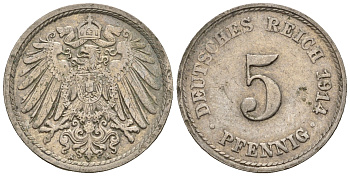 Германия 5 пфеннигов 1914 A, KM 11, J. 12 медно-никель 220-722