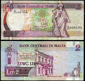 Мальта 2 лиры 1967 (1994) Pick 45 d бумага 7222-15-2-1
