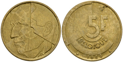 Бельгия 5 франков 1986 Belgique, Бодуэн I (1951-1993) KM 163 алюминиевая бронза 4601-136