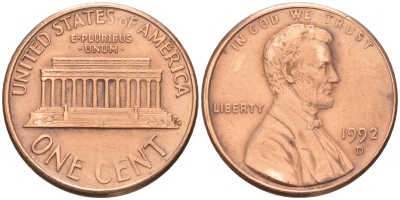 США 1 ЦЕНТ 1992 D, ЛИНКОЛЬН KM 201b цинк плакированный медью 188-341