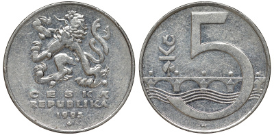 Чехия 5 крон 1993 чешский лев, Карлов мост KM 8 сталь плакированная никелем 51-917