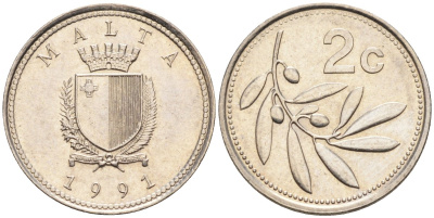 Мальта 2 цента 1991 оливковая ветвь KM 94 медно-никель 44-154