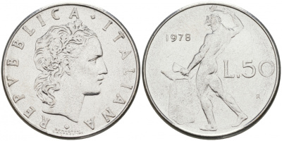 Италия 50 лир 1978 R, бог огня Вулкан у наковальни KM 95.1 нержавеющая сталь 3996-957