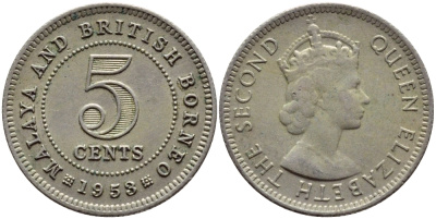 Малайя и Британское Борнео 5 центов 1953 Елизавета II (1952-2022) KM 1 медно-никель 4392-1135