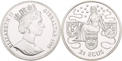 Гибралтар 21 экю 1995 АВСТРИЯ, ШВЕЦИЯ, ФИНЛЯНДИЯ KM 498 серебро PROOF 06-225-33