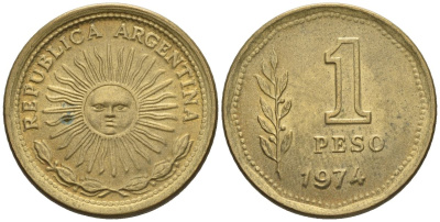 Аргентина 1 песо 1974 майское солнце KM 69, CJ 326, Schon 69 алюминиевая бронза    60-1051