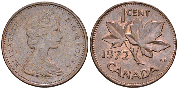 Канада 1 цент 1972 Елизавета II (1952-2022), кленовый лист KM 59.1 бронза    4147-255