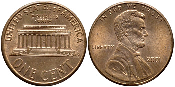 США 1 ЦЕНТ 2001 ЛИНКОЛЬН KM 201b цинк плакированный медью 4396-464