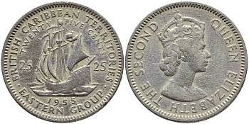 Британские Восточно-Карибские территории 25 центов 1955 Елизавета II (1952-2022), парусник KM 6 медно-никель 76-747