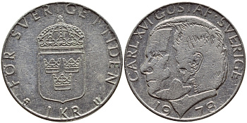 Швеция 1 крона 1978 Карл XVI Густав (1973- ) KM 852 медь плакированная медно-никелем 56-357