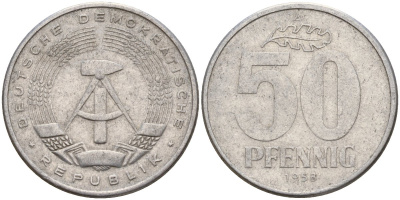 ГДР 50 пфеннигов 1958 A KM 12.1 алюминий 65-1013