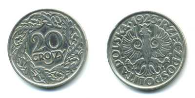 ПОЛЬША 20 ГРОШЕЙ 1923 KM 12 никель 4383-166