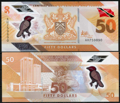 Тринидад и Тобаго 50 долларов 2020 красный кардинал, здание Центрального банка Pick NEW пластик UNC (пресс) 447-98-3