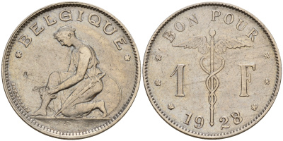 Бельгия 1 франк 1928/27 Belgique KM 89 никель    4161-1214