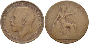 Великобритания 1 пенни 1912 Георг V (1910-1936) KM 810, Spink 4051 бронза 111-1222