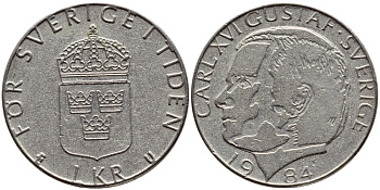 Швеция 1 крона 1984 Карл XVI Густав (1973- ) KM 852a медно-никель 4397-1152