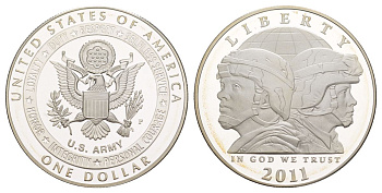 США 1 доллар 2011 P, Армия США KM 507 серебро PROOF 11-326-31