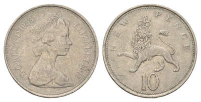Великобритания 10 пенсов 1968 Елизавета II (1952-2022) KM 912, Spink 4231 (F1) медно-никель 4673-921