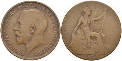 Великобритания 1 пенни 1912 Георг V (1910-1936) KM 810, Spink 4051 бронза 111-1222