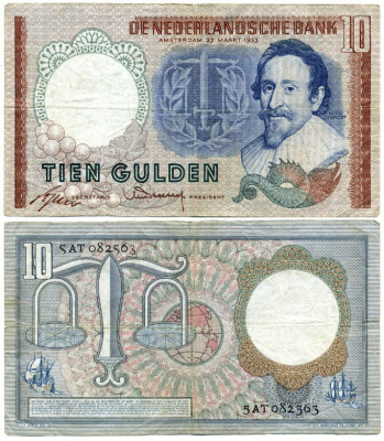 НИДЕРЛАНДЫ 10 ГУЛЬДЕНОВ 1953 АМСТЕРДАМ, 23 МАРТА 1953, ГУГО ГРОЦИЙ Pick 85 бумага 00-00