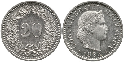 ШВЕЙЦАРИЯ 20 РАППЕНОВ 1983 KM 29а медно-никель 4539-633